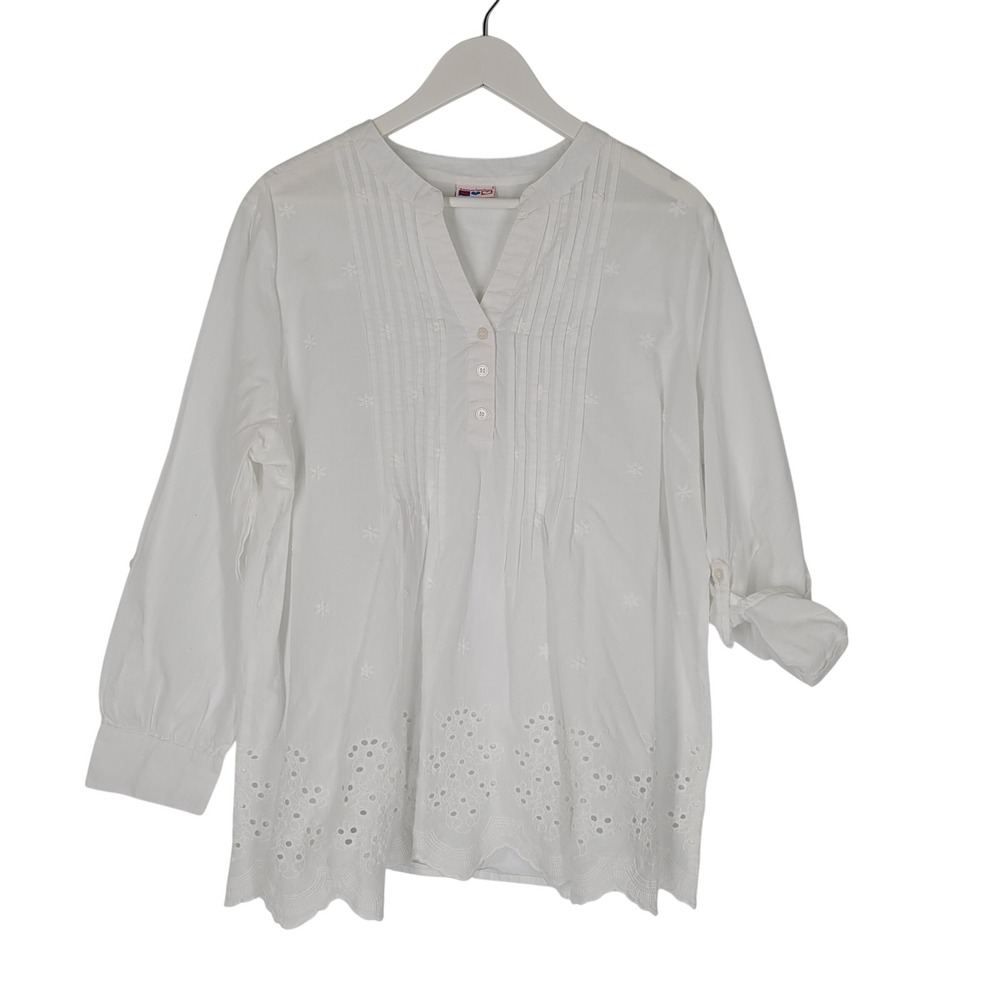 American‎ Sweetheart Eyelet Tunic Womens XL White Embroidered Pintuck Blouse